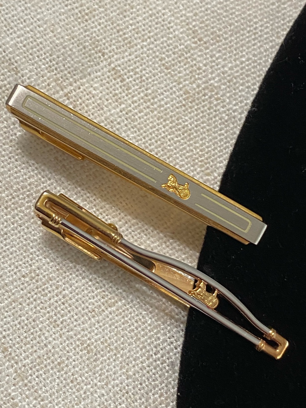 Vintage Celine Set of Two Gold tone Tie Bar Clip Triomphe Logo Macadam